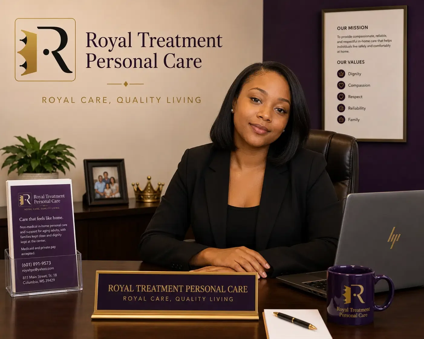Adriana Otis seated at her Royal Treatment Personal Care office desk